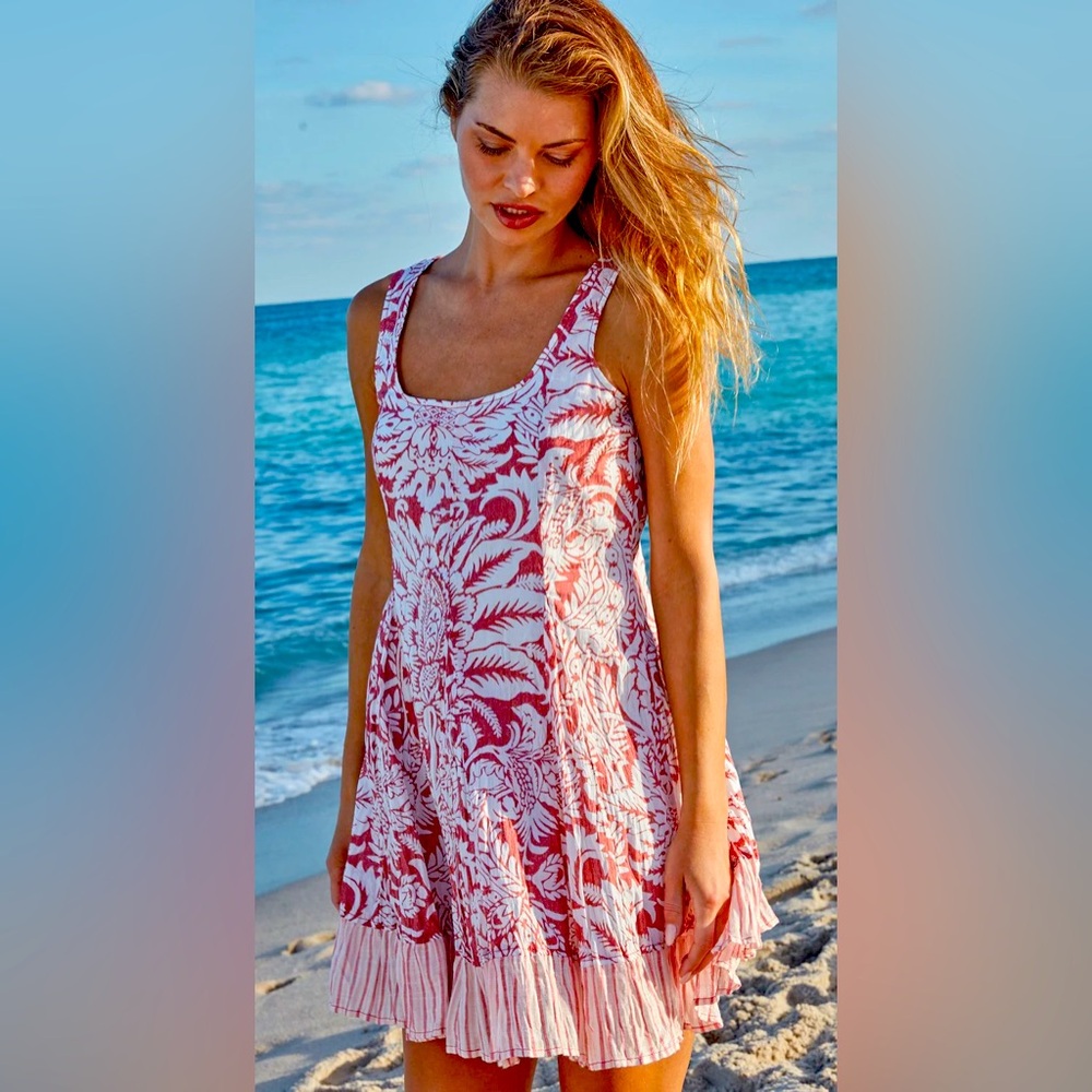 Cino Sao Paolo Solomon Sea Terracotta Dress 100% Cotton Boho Pink & Ivory XS